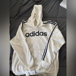 ADIDAS mens white hooded pullover sweatshirt with black text no drawstring AXL